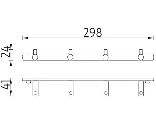 Technický nákres věšáku se čtyřmi háčky a rozměry