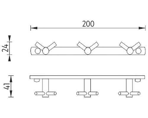 Technický výkres nástěnného věšáku se třemi háčky a rozměry.