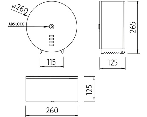 Technický výkres zásobníku na papírové ručníky s rozměry