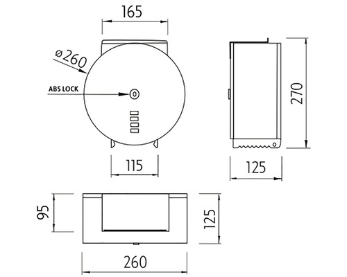 Rozměrový nákres zásobníku na papírové ručníky s rozměry