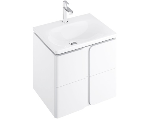 Skříňka pod umyvadlo s umyvadlem a baterií do koupelny.