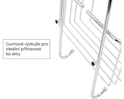 Detail chromované koupelnové police s gumovými výztuhami pro ideální přilnavost.