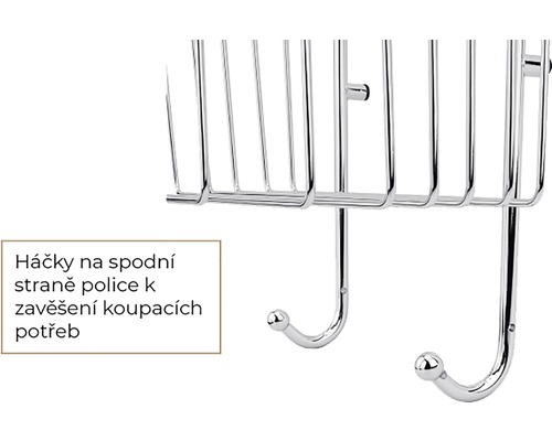 Detail koupelnové police s háčky