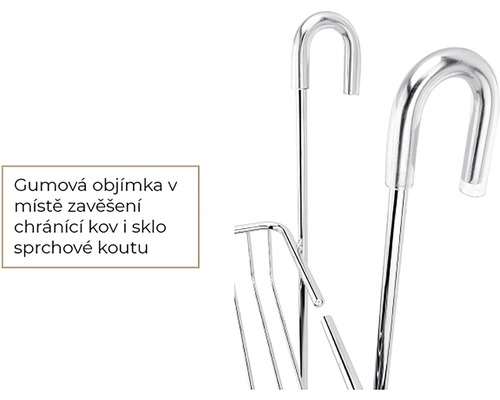 Detailní pohled na kovový sprchový košík s gumovým držákem