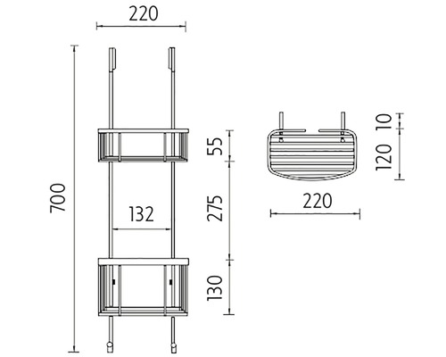 Technický nákres sprchové police s rozměry