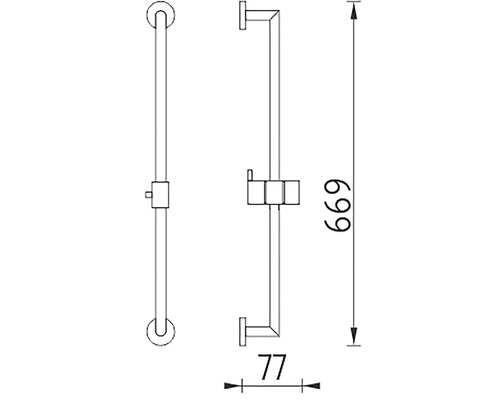 Technický výkres sprchové tyče s rozměry 699 milimetrů výšky a 77 milimetrů šířky.
