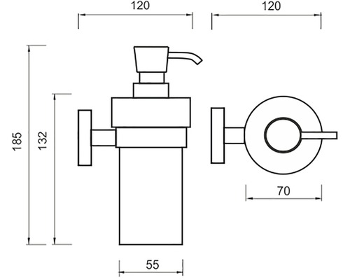 Technický výkres dávkovače mýdla s rozměry