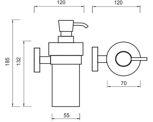 Technický výkres dávkovače mýdla s rozměry