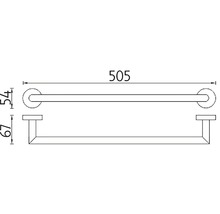 Technický nákres držáku na ručníky o rozměrech 505 mm šířka, 54 mm výška a 67 mm hloubka.