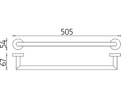 Technický nákres držáku na ručníky o rozměrech 505 mm šířka, 54 mm výška a 67 mm hloubka.