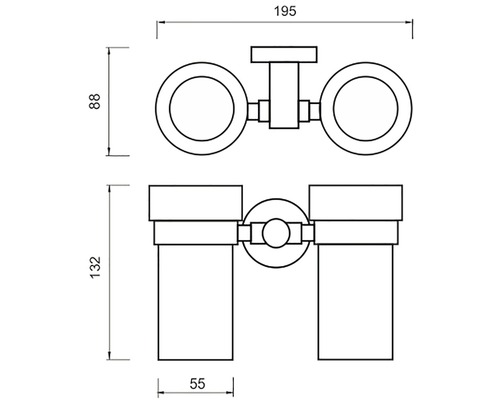 Technický nákres dvojitého držáku na kelímky na zubní kartáčky s rozměry