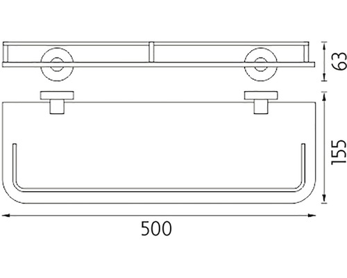 Technický výkres koupelnové police o rozměrech 500 x 155 x 63 milimetrů.