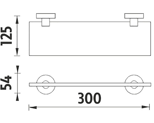 Technický výkres nástěnné police s rozměry 300 x 125 x 54 milimetrů.