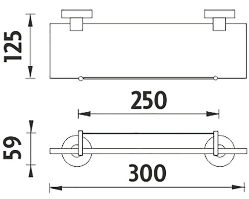 Technický nákres držáku na ručníky s policí a rozměry.
