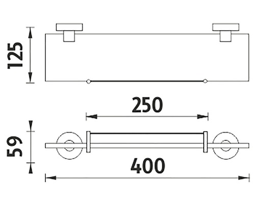 Technický nákres držáku na papírové role o rozměrech 125, 250, 59 a 400 milimetrů.