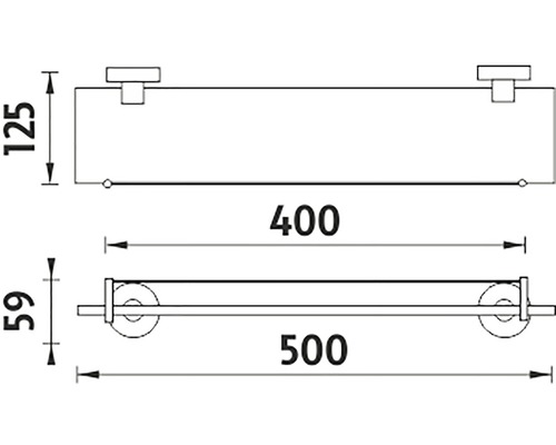 Technický výkres koupelnové police o rozměrech 500 mm délka, 125 mm výška a 59 mm hloubka