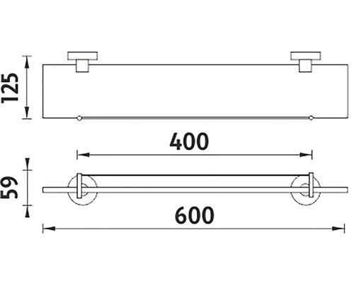 Technický nákres koupelnové police s držákem na ručníky a rozměry.