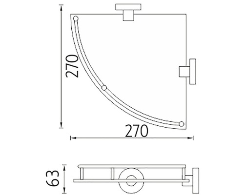 Technický výkres rohové sprchové police o rozměrech 270 x 270 x 63 milimetrů