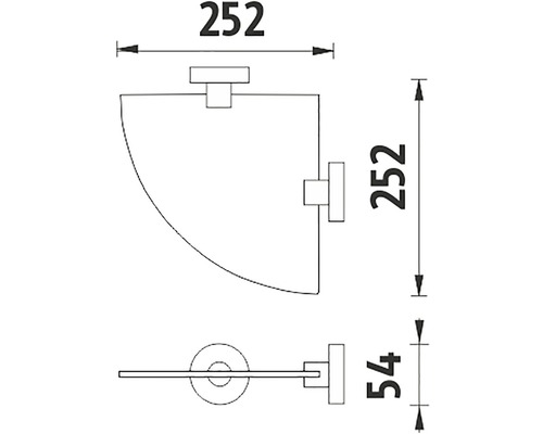 Technický nákres rohové police s rozměry