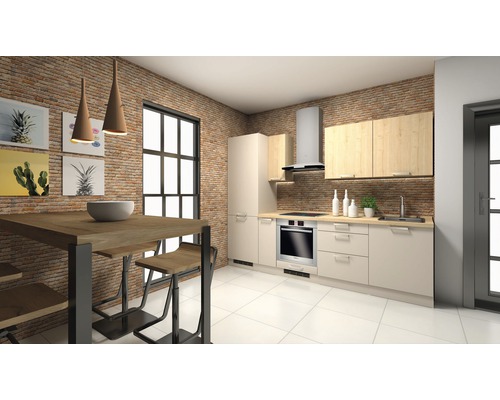 Světlá kuchyně v loftovém stylu s cihlovou stěnou, jídelním stolem a barovými stoličkami