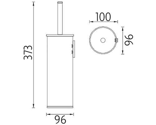 Technický nákres WC štětky s rozměry výška 373 mm, šířka 96 mm, hloubka 100 mm.