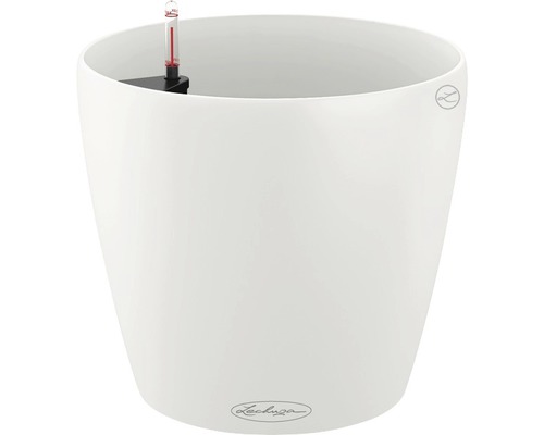 Bílý květináč s ukazatelem hladiny vody