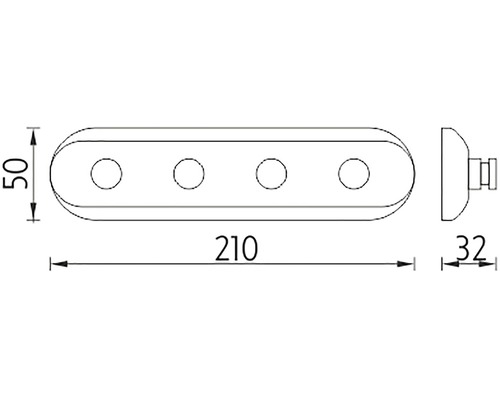 Technický nákres věšákové lišty se čtyřmi háčky a rozměry.