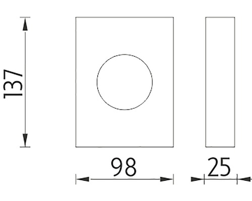Technický výkres zapuštěného nástěnného bodového svítidla o rozměrech 137, 98 a 25 milimetrů