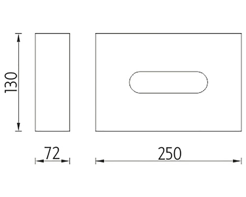 Technický výkres závěsného zařízení o rozměrech 130 mm výška, 72 mm šířka a 250 mm délka.