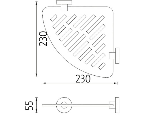 Technický nákres rohové police s rozměry