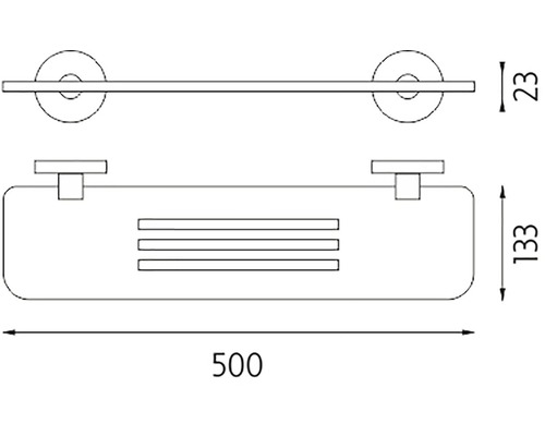 Technický výkres držáku na ručníky s policí, rozměry 500 x 133 x 23 milimetrů