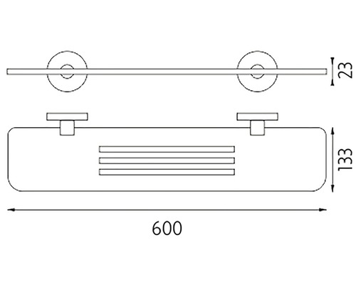 Technický nákres koupelňového doplňku s rozměry.