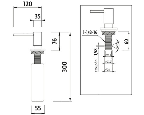 Technický nákres dávkovače mýdla s rozměry