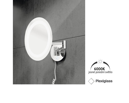 Kulaté osvětlené kosmetické zrcadlo pro montáž na stěnu s plexisklem