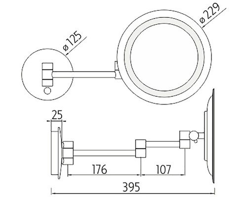 Technický výkres kosmetického zrcadla s rozměry