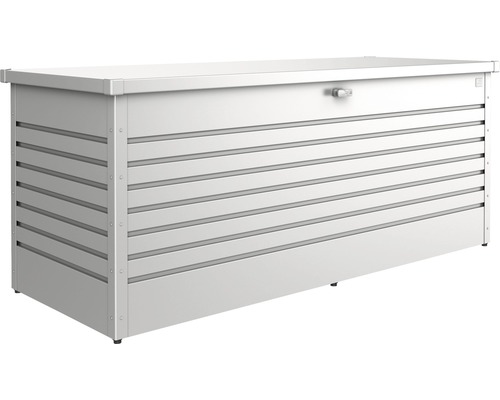 Stříbrný kovový box na nářadí s horizontální lamelovou strukturou.