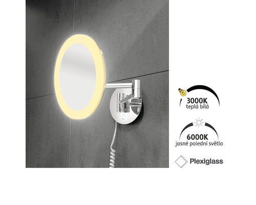 Kulaté nástěnné zrcadlo s LED osvětlením a chromovaným ramenem