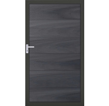 Šedé boční vchodové dveře s horizontálním vzhledem dřeva a klikou