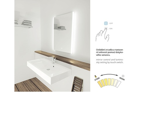 Koupelna s umyvadlem, osvětleným zrcadlem a dotykovým spínačem pro ovládání jasu