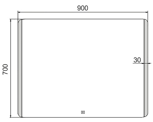 Technický výkres obdélníkového zrcadla o rozměrech 900 x 700 x 30 mm.