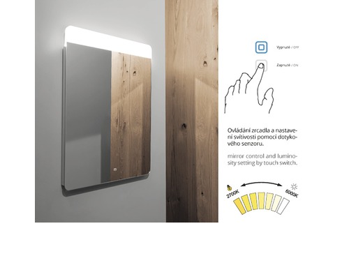Osvětlené zrcadlo s dotykovým spínačem pro ovládání světla a jasu.