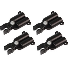 Čtyři černé klipsové držáky pro upevnění trubek