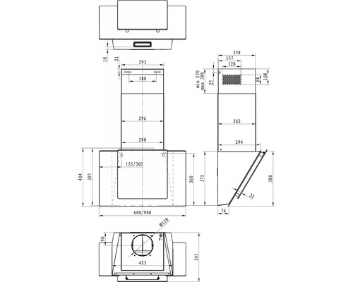 Technický výkres odsavače par s rozměry