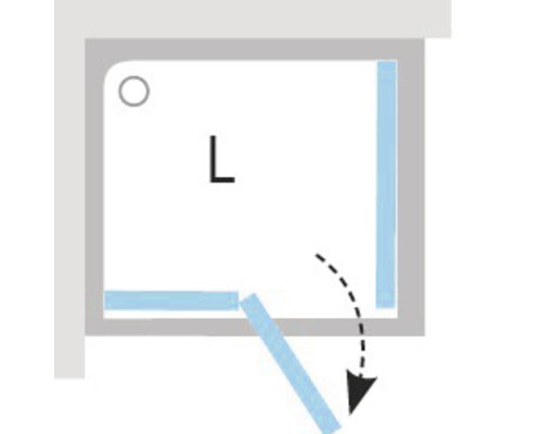 Ilustrace sprchového koutu s uspořádáním do tvaru L a dovnitř otevíranými dveřmi.