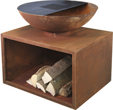 Ocelové ohniště s prostorem na dřevo a grilovacím roštem