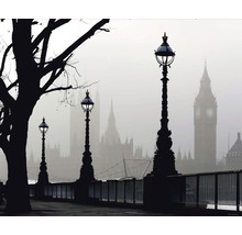 Dekorativní nástěnný obraz s londýnským městským panoramatem v mlze, včetně Big Benu a pouličních lamp