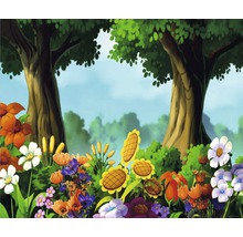 Ilustrace lesa s květinami v popředí