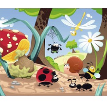 Ilustrace scény s hmyzem, houbami a rostlinami