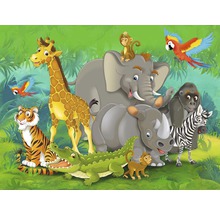 Ilustrace různých zvířat z džungle, včetně tygra, krokodýla, žirafy, slona, opice, nosorožce, gorily, zebry a papouška.