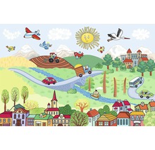 Ilustrace živé krajiny s vozidly, domy a zvířaty.